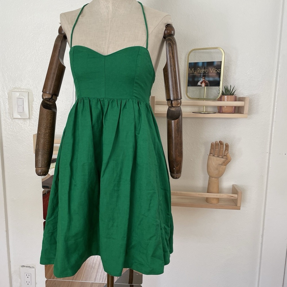 Mon Renn Kelly Green Willow Mini Dress Lace‎ Up Back Bodice Halter Size 4